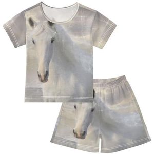 YOUJUNER Kinderpyjama set wit paard T-shirt met korte mouwen zomer nachtkleding pyjama lounge wear nachtkleding voor jongens meisjes kinderen, Meerkleurig, 14 jaar