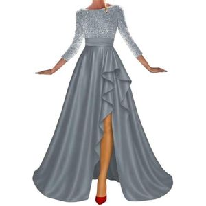 WSEYU Satijnen bruidsmeisjesjurk voor dames, met split, galajurken, plooien, cocktailjurk, grote maten, Dusty Blauw, 32