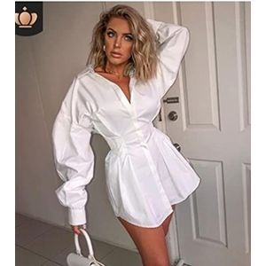 Franse stijlvolle slanke blouse dames dames kleren diep v lange puff mouw shirtdress sexy shirt herfst casual zwart wit-white,S