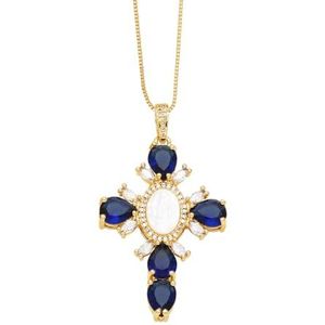 Veelkleurige koperen vergulde gouden kristallen kruishanger dames Madonna ketting CZ kubieke zirkoon sieraden ketting (Style : Blue)