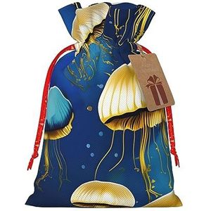 Blauwe en gouden kwallen trekkoord kerstcadeau tas-met rustieke aantrekkingskracht, perfect voor al uw geschenkbehoeften