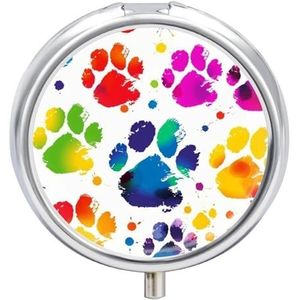 Kleurrijke hond poot print pillendoos geneeskunde pil organisator 3 compartimenten dagelijkse pillendoos kleine pillencontainer ronde pillenhouder reizen pillendoos metalen pillendoos voor portemonnee