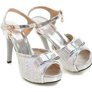 YhdtHSF Damesjurk met pailletten, open teen, 11 cm, danshoge hakken, bruiloftsschoenen voor feestjes, zilver, 34 EU