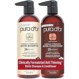 PURA D'OR Klinisch geformuleerde biotine shampoo & conditioner voor haaruitval - 2x geconcentreerde gepatenteerde kruidenmix verdikking producten voor vrouwen en mannen, sulfaatvrij, 16 oz x2