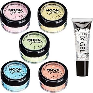 Moon Glitter Pastel Glitter Shaker (pailletten maan) - 100% cosmetische glitter voor gezicht, lichaam, nagels, haar en lippen - 3 g - assortiment van 5 kleuren