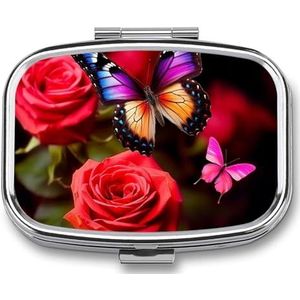 Pillendoos 2 compartimenten geneeskunde pillendoosje vlinder en roos bedrukte draagbare pillendoos reizen pillenorganisator voor zak portemonnee dagelijkse geneeskunde vitamine doos visolie doos