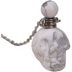 Gemstone Skull Head Perfume Bottle Pendant For Women Hand Carved Crystal Skull Figurine Essential Oil Necklace Gift (Color : Silver_White Turquoise)