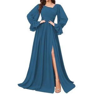 HPPEE Bruidsmeisjesjurken met lange mouwen en split geplooide chiffon formele avondjurk feestjurk, Turkoois, 38