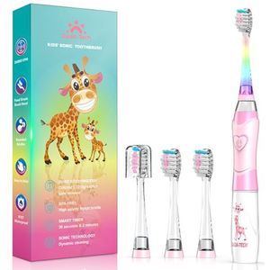 Elektrische tandenborstel voor kinderen 3-5-6-12, Peuter tandenborstel meisjes elektrische tandenborstel met timer regenboog LED oplichten sonische junior kinderen elektrische (Kind Giraf Roze)