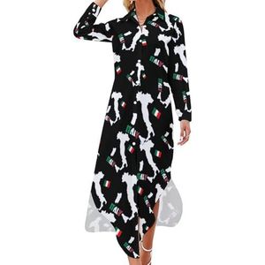 Italië kaart vlag dames maxi-jurk lange mouwen knopen overhemd jurk casual feest lange jurken XL