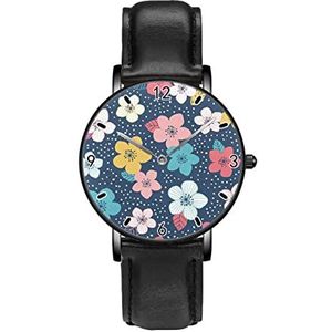 Kleurrijke Bloemen Met Stippen Persoonlijkheid Business Casual Horloges Mannen Vrouwen Quartz Analoge Horloges, Zwart