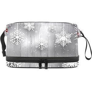 Grote capaciteit reizen cosmetische tas,make-up tas,Waterdichte make-up tas organizer, hangende sneeuwvlokken met zilveren kerstboom, Meerkleurig, 27x15x14 cm/10.6x5.9x5.5 in