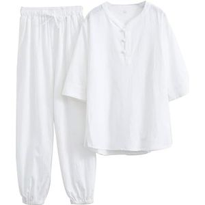 Tai Chi-pakken Tai Chi-kleding Vrouwen Kung Fu-uniform Katoenen linnen vechtsportset Korte mouwen Broek Zen-meditatie-uniform, Tang-pak Chinese traditionele kleding (wit XXL)