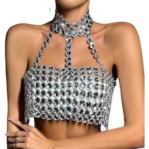 CakfLjkhl Vrouwen Sexy Hollow Out Crop Top Sparkle Rhinestone Mouwloos Halter Backless Rave Shirt Club Tops,Zilver,L