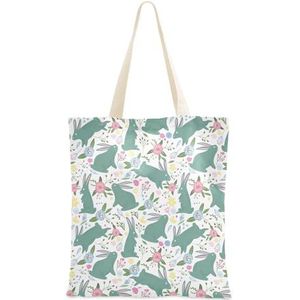 linqin Leuke konijntjes bloemen canvas tas draagtas voor vrouwen herbruikbare kruidenierswinkel schoudertas schoudertas met zak voor school cadeau cadeau, Schattige konijntjes bloemen, 15"" x 16.3