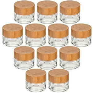 gouveo Set van 12 zalfpotjes 15 ml gemaakt van glas met houten deksel - leeg zalfpotje om te vullen - kleine potjes voor crème, cosmetica, lotion - perfect voor op reis en handtas (CTT015BM)