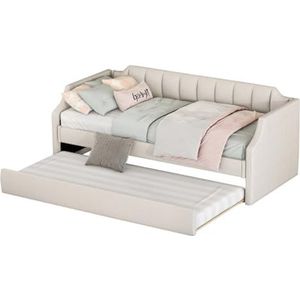 LUNEX HOME Twin bed met lade en opbergrek, platform volledige grootte, beige (beige)