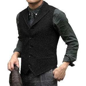 Dvbfufv Herenkostuumvest, tweed vest, visgraatpak, zakelijk, formeel, casual, herenvest, bruiloftsvest, zwart, XXL