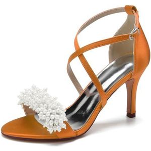 SYDZSW Ivoor satijn trouwschoenen met naaldhak bruidsschoenen met hoge hakken sandalen bruidsschoenen bruid 35-42, Oranje, 35 EU
