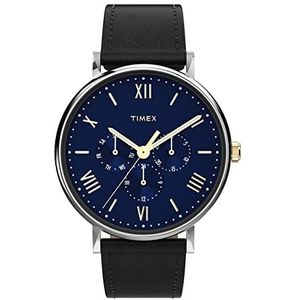 Timex Southview Multifunctioneel 41mm Quartz Jurk Horloge met Lederen Band, Zwart, 20 (Model: TW2V464009J), Zwart/Zilver-Toon/Blauw, riem