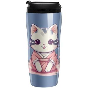 Leuke Japanse Kat Koffie Mok met Deksel Dubbele Muur Water Fles Reizen Tumbler Thee Cup voor Hot/Ice Dranken 350ml