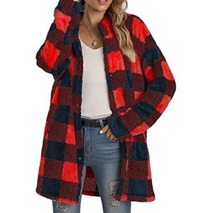 Sawmew Fleecejack dames lange geruite winterjas jas parka vest pluche jas pluche jas winterjas fleece jassen teddy jas voor dames (Color : Red, Size : XL)