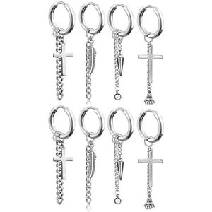 8 stuks mannen vrouwen roestvrij staal kruis veer spike ghost hand kwast bengelen hoepel oorbellen zwart zilver punk piercing sieraden set