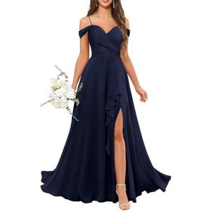 Chiffon bruidsmeisjesjurken voor dames, met split, lange baljurken, cocktailjurken, grote maten, Donkerblauw, 32