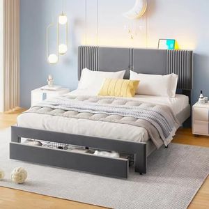 Moimhear Gestoffeerd bed 160 x 200 cm, tweepersoonsbed met lichtstrip en USB-stopcontact, rugleuning en grote lade, huidvriendelijk tweepersoonsbed in fluweel, grijs (160 x 200 cm)