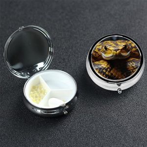 Gele slang pillendoos 3 compartimenten pillenetui voor portemonnee en zak schattige pillenorganizer met spiegel draagbare pillendoos metalen ronde medicijnorganisator uniek cadeau
