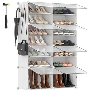 SONGMICS Schoenenrek met 8 vakken, schoenenkast, 30 x 40 x 30 cm per vak, smal, met deuren, stalen frame, kunststof, voor hal, slaapkamer, entree, wit LPC034W01
