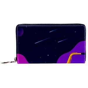 Vrouwen Zip Rond Portemonnee en Telefoon Clutch, Ruimte Sterren Drijven Van Een Gouden Saxofoon, Reistas Lederen Clutch Bag Kaarthouder Organizer Polsbandjes Portefeuilles, Meerkleurig, 8.07x1x4.53 in