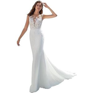 Beyonddress Trouwjurk voor dames met kanten appliques, bruidsjurk met lange mouwen, V-hals burgerlijk huwelijk, bruidsmode, 36