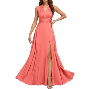 Chiffon bruidsmeisjesjurken voor dames, met split, lange baljurken, cocktailjurken, grote maten, Koraal, 32