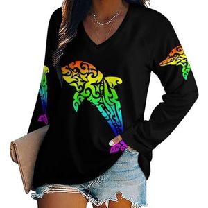Rainbow Dolphin T-shirts voor dames, lange mouwen, V-hals, herfst, tops, trui, tuniek, T-shirt voor leggings