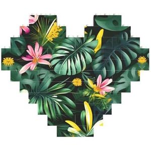 Tropische bladeren met bloemen legpuzzel - hartvormige bouwstenen puzzel-leuk en stressverlichtend puzzelspel