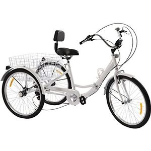 Driewieler voor volwassenen, 3 wielen, met inklapbare voor- en achtermand, verstelbare hoogte, voor senioren, mannen, vrouwen, ontspanning, winkelen (wit)