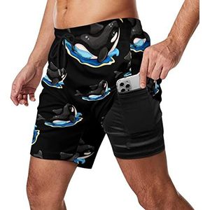 Killer Whales Sea Panda Zwembroek voor heren, sneldrogend, 2-in-1 strandsportshorts met compressieliner en zak