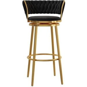 JAVYPPT Moderne fluwelen barkrukken toonhoogte barkrukken met geweven rug draaibare keuken barstoelen met gouden basis voor keukeneiland/thuis bar/eetkamer (zwart, 75 cm)