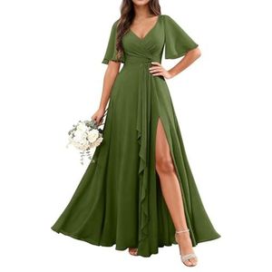 KURFACE Chiffon bruidsmeisjesjurken met mouwen split ruches lange bruidsmeisje formele avondjurk, Olijfgroen, 32