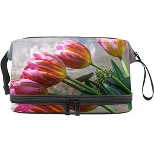 Grote capaciteit reizen cosmetische tas,Make-up tas,Waterdichte make-up tas Organizer, Lente bloem rode tulp, Meerkleurig, 27x15x14 cm/10.6x5.9x5.5 in