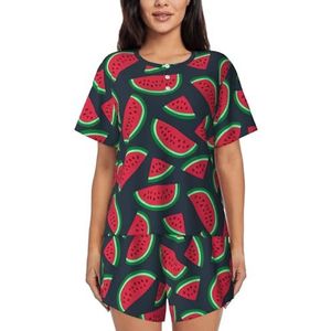 YJxoZH Rode Watermeloen Print Womens Zomer Pyjama Sets Nachtkleding Dames Korte Mouw Nachtkleding Pjs Lounge Met Zakken, Zwart, XXL