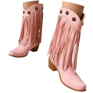 Western Cowboylaarzen Met Franjes Dames Retro Enkellaarsjes Met Klinknagel PU Leren Ankle Boots Met Blokhak Brede Schacht Instapschoenen For Werk, Platteland, Rodeo's(Pink,43 EU)