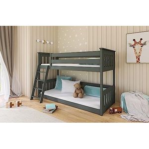 thematys® Kevin Vloerbed hoogslaper voor 2 kinderen, 90 x 200 cm, met veiligheidsleuning en lattenbodem, kinderbed voor jongens en meisjes, van stevig grenenhout, grafiet zonder matrassen