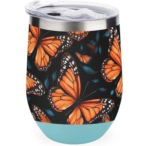 Oranje Monarch Butterfly 12oz Wijn Tumbler Met Deksel Roestvrij Staal Cup Dubbelwandige Vacuüm Geïsoleerde Koffie Mok