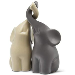 Harmonieus Olifantenpaar - Keramiek - Beige & Grijs - Decoratieve Sculptuur 16cm Hoog