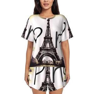 RIVETECH Tower Love Paris Print dames korte mouwen pyjama set pyjama lounge set met zakken,, Zwart, L