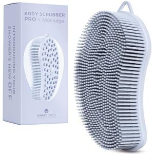 MainBasics Exfoliërende siliconen bodyscrubber Pro 2-in-1 doucheschrobber voor lichaamsverzorging, siliconen loofah en massageapparaat (lichtblauw, lichaam + massage)