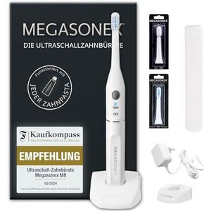 MEGASONEX Ultrasone Tandenborstel M8 Set - Met 2 vibratieniveaus - Witte Tandenborstel met 2 Medium opzetborstels