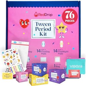 RedDrop Menstruatieset voor tweens – eerste menstruatieset voor meisjes van 9-12 – bevat 30 dagelijkse inlegzolen, 14 FlowDay tienerpads, 14 FlowNight Pads, 10 Maximum Pads, 10 Vrouwelijke sjaals en